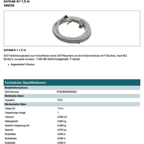 Câble satellite - Triax - 389328 - 1,5 m - Connecteur F - 100 dB