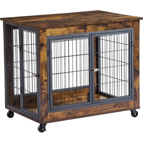 Cage pour chien style meuble, niche d’intérieur en bois avec double porte et toit ouvrant, sur roulettes pour un déplacement facile, marron vintage, 80×56×69,5 cm (1/5)