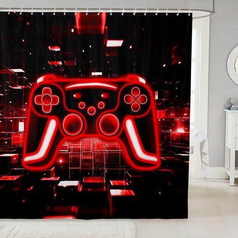 Rideau Douche 180x210cm Gamer, Rideaux de Douche Jeu, Rideau de Baignoire Lumières de Néon Jeux Game Garçon, Rideaux Salle de Bain Cube de Brique Rouge,Jeu - 180L X 210H cm (1 Panneaux) (1/5)