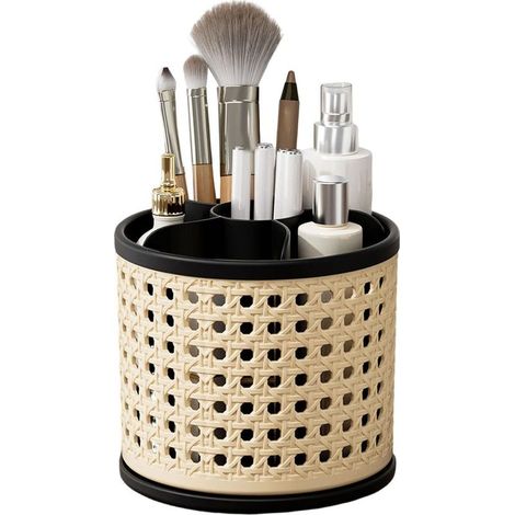 Organisateur de bureau rotatif élégant pour cosmétiques/porte-pinceaux de maquillage, adapté aux bureaux et aux maisons, en plastique, 4,65 x 4,72 pouces (noir). (1/5)