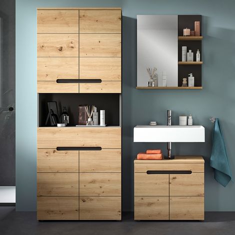 Badmöbel-Set 3-teilig mit 60 cm Waschbeckenunterschrank, Hochschrank & Spiegel in Eiche mit grau CORTANA-158 (1/5)
