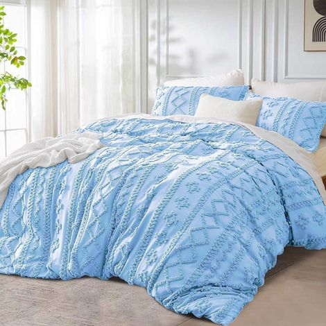 Bettwäsche 155x220 cm Boho Blau Getuftet Microfaser Wendebettwäsche mit 2 Kissenbezügen 80x80 cm