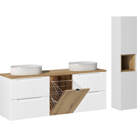 Doppelwaschtisch und Hängesäule 160cm Riva mit 4 Schubladen, Weiß und Holzoptik (1/5)