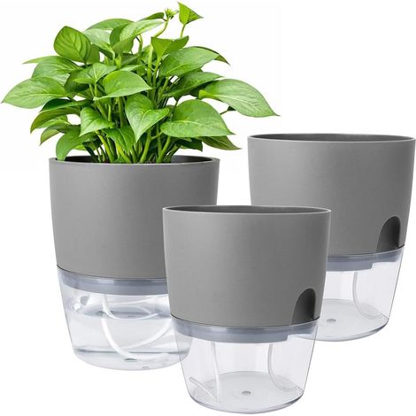 Pot à Herbes Lot de 3 Pots de Fleurs à Arrosage Automatique avec Système d'Irrigation - 18,2 x 11 x 15,3 cm - Cache-Pot avec Soucoupe - Idéal pour l'Intérieur et Les Jardins de Balcon (1/5)