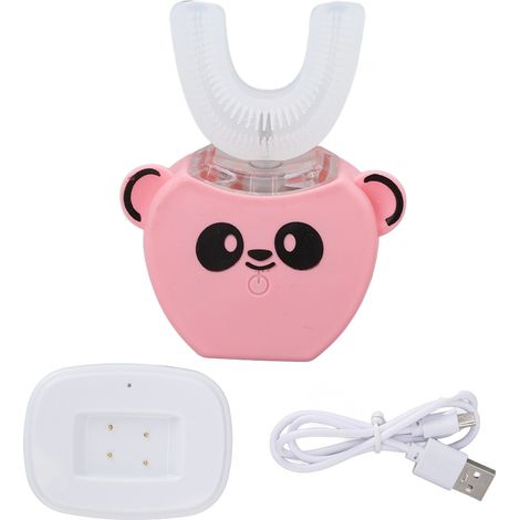 Cepillo de dientes eléctrico automático para niños, en forma de U, de silicona rosa, recargable, IPX7, limpieza bucal de 360°. (1/5)