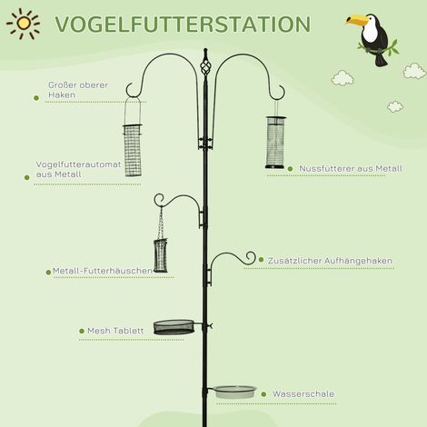 Mangeoire pour oiseaux sauvages sur pied, 208 cm, 4 crochets, piquet d'ancrage, abreuvoir et distributeur de graines, acier noir, jardin (1/4)
