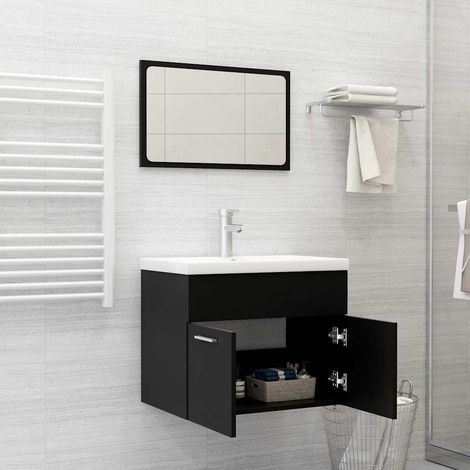 Ensemble meuble de salle de bain 3 pièces, aggloméré, lavabo céramique, miroir noir/blanc - PANGIVO (1/5)