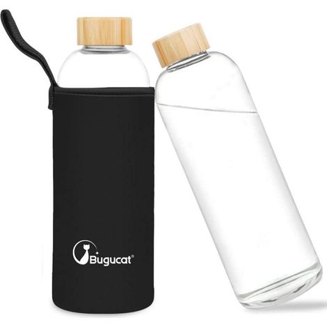 Glasflasche Trinkflasche 1l Borosilikat Auslaufsicher Schwarz 1000 ml (1/5)
