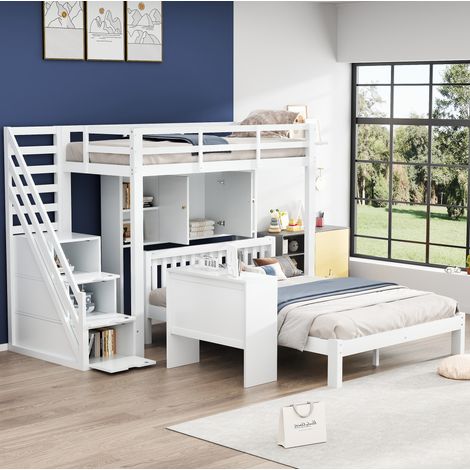 Etagenbett 90/200 und 140/200 cm weiß aus Massivholz und MDF mit Stauraumtreppe und Regalen (1/5)