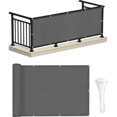 Brise-vue pour balcon 90 x 300 cm, protection brise-vue imperméable, opaque, anti-UV, pour balcon avec embrasses, parasol de jardin, anthracite (avec embrasses) (1/5)