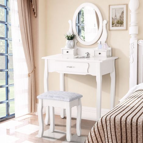 Coiffeuse blanche 75x40x136 cm, miroir ovale pivotant 360°, table de maquillage avec tabouret rembourré, 3 tiroirs, MDF et pin, design classique (1/5)