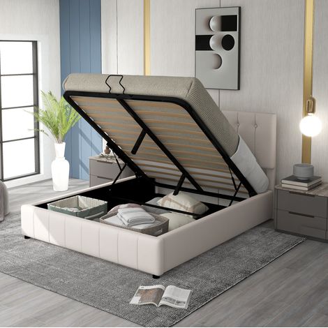 Cama tapizada 140/200 cm crema de terciopelo con arcón hidráulico y cabecero regulable (1/5)