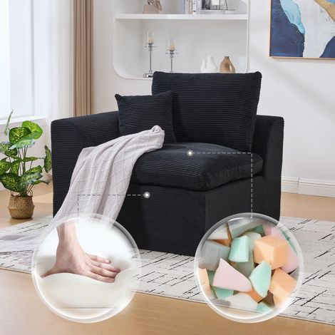 Poltrona relax 101 x 102,5 x 84 cm - Design scandinavo con cuscino - Per soggiorno, camera e ufficio - Velluto a coste - Nero