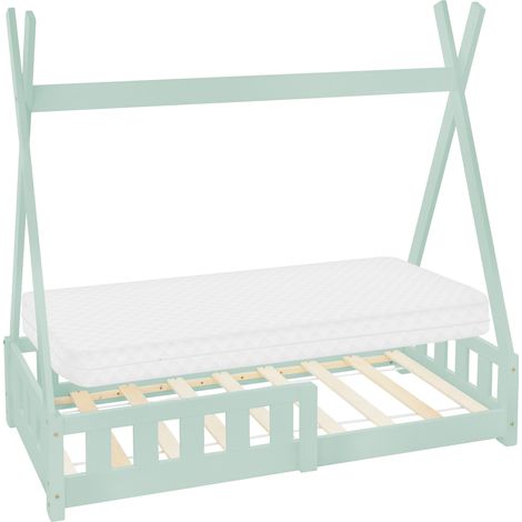 ML-Design Letto a Terra per Bambini Design Tepee 70 x 140 cm Verde Menta, in Legno di Pino Massiccio, con Sponde Protezione Anticaduta e Materasso Sfoderabile in Schiuma Fredda, Giroletto Montessori