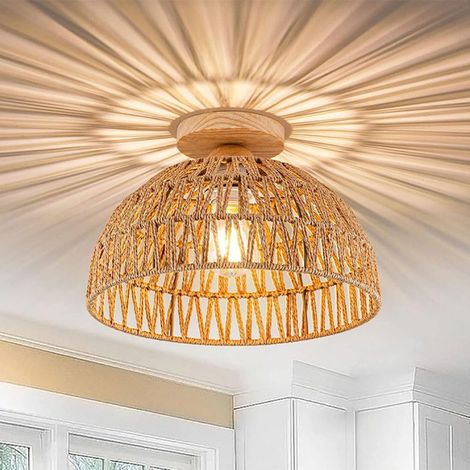 Plafonnier Semi-encastré Moderne, Boho Semi Plafonnier Suspension Plateau De Plafond en Bois E27 Base Panier en Rotin Abat-Jour Lampe en Bambou Tissée À La Main Appareils D'éclairage