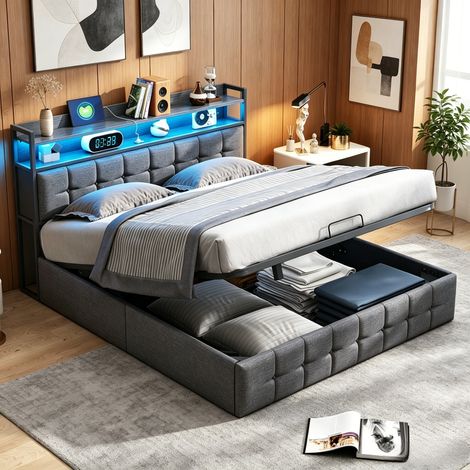 JOOKGBD-Polsterbett Doppelbett 140x200 cm,Jugendbet,Hydraulisches Bett mit Bettkasten und Lattenrost,Staufach-Kopfteil mit LED und USB Ladestation,Multifunktionales Bett,Leinenstoff,ohne Matratze,Grau
