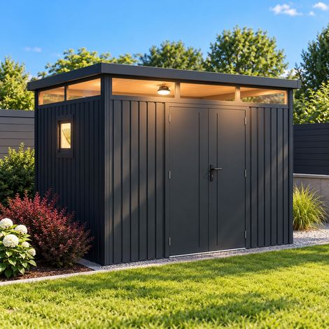 Abri de jardin métal anthracite 5.71 m² toit plat + kit d'ancrage + lampe magnétique (1/5)