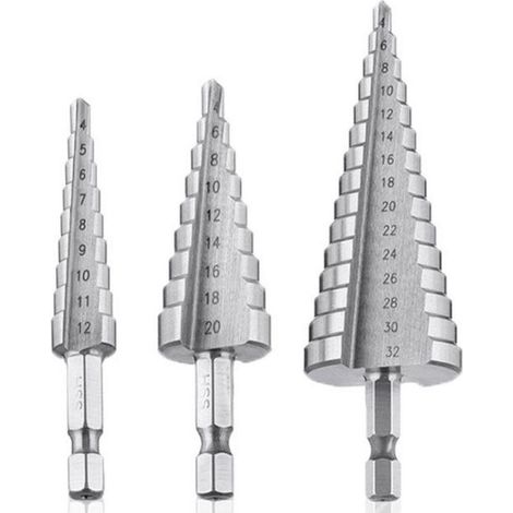 3 pièces Foret étagé, HSS avec revêtement titane, pour acier, bois, aluminium, plastique, tôle mince jusqu'à 4 mm (1/4)
