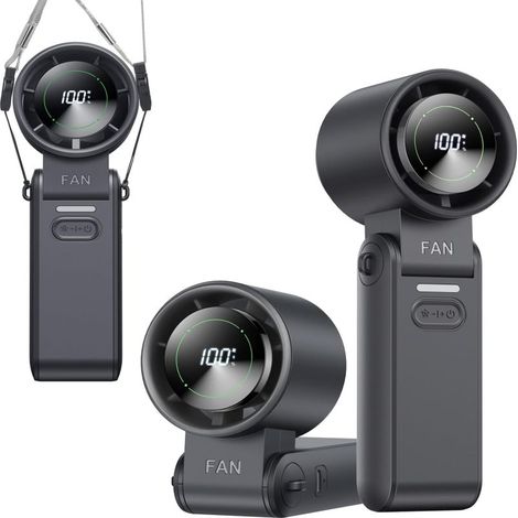 Ventilateur portable pliable et compact à suspendre autour du cou, avec affichage numérique et poche de glace intégrée, haute vitesse, noir (1/5)