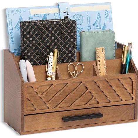 Brauner Schreibtischorganizer aus Holz mit Schublade, Briefablage und Dokumentenhalter für Bürobedarf, modernes Bürozubehör und Arbeitsplatzorganisatoren für eine optimale Organisation Ihres Büros. (1/5)