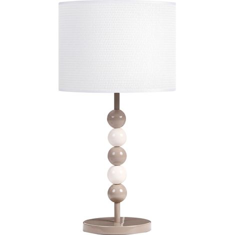 Lampada da tavolo in metallo con paralume a tamburo in tessuto bianco e beige Loky