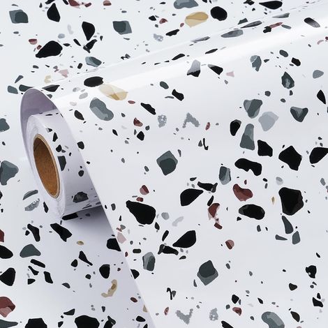 Papier Peint Marbre Terrazzo Vinyle Adhesif Meuble Blanc Brillant Papier Peint Autocollant Cuisine Revêtement Adhésif Table Plan de Travail Rouleau Adhesif pour Meuble Effet Marbre 30CMx5M (1/5)