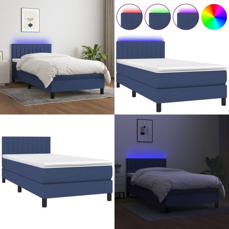 Sommier à lattes de lit avec matelas et LED Bleu 90x200cm Tissu - Sommier Tapissier - Lit Avec Led - Matelas À Ressorts Ensachés - Tête De Lit Ajustable - Éclairage LED - Home & Living (1/5)