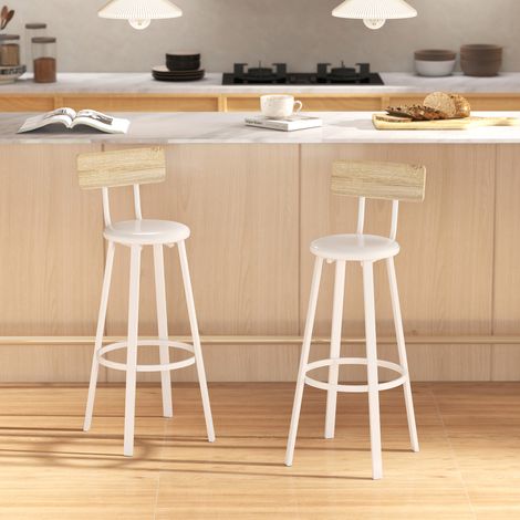 Ensemble de 2 tabourets de bar, assise rembourrée (75,5 cm de hauteur), dossier et repose-pieds, bois naturel et blanc (1/5)