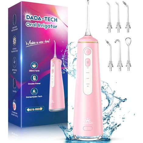 Jet Dentaire Hydropulseur Dentaire, Water flosser Hydropulseur et Irrigateur avec 8 Modes Personnalisables 7 Buses Réservoir de 300 ml (Rose) (1/5)