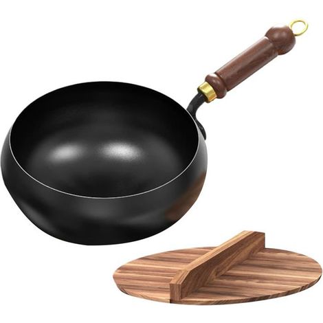 Wok chinois en fonte - DOK - 24 cm - Couvercle inclus - Manche en bois - Antiadhésif - Sans revêtement (1/5)