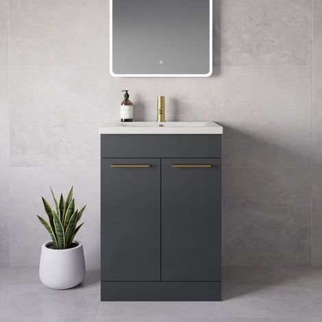 Napoli 460 Gloss Grey 600mm 2 Door Vanity Unit with Glide Basin - 600mm - Brushed Brass 160mm Handle