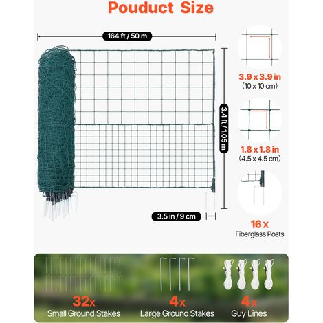 Clôture Filet Mobile 50x1,05 m Filet de Clôture pour Chien en Plastique Temporaire pour Délimitation Poules, Plantes, Jardin, Cours Extérieures, avec Poteaux, Piquets à Double Pointe, Haubans (1/5)