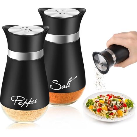 Ensemble de 2 salières et poivrières de table à fond verre, noires 120 ml, cuisine, barbecues, camping.