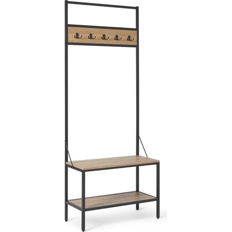 Banc d’Entrée avec Crochets, Porte-Manteau, Portant à Vêtements, Vestiaire d’Entrée avec Rangement à Chaussures, 34cm x 72cm x 182cm, Chêne (1/5)