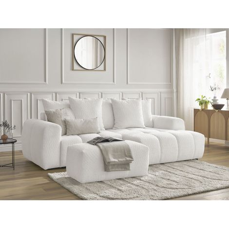 BOBOCHIC - Canapé d'angle convertible coffre ROXELANE tissu bouclette avec pouf Angle droit Blanc (1/5)