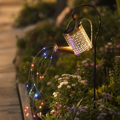Lampe Solaire Décorative Arrosoir LED Multicolore Design Ajouré Hauteur 80cm Tige de Fixation pour Jardin Terrasse Extérieur (1/4)