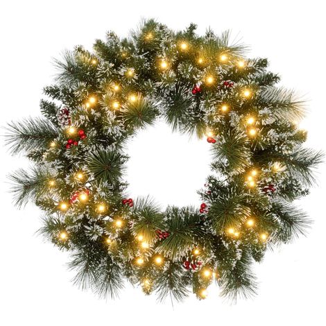 Corona navideña artificial para puerta, 60 cm, con piñas y racimos de bayas, luces LED y temporizador verde. (1/5)