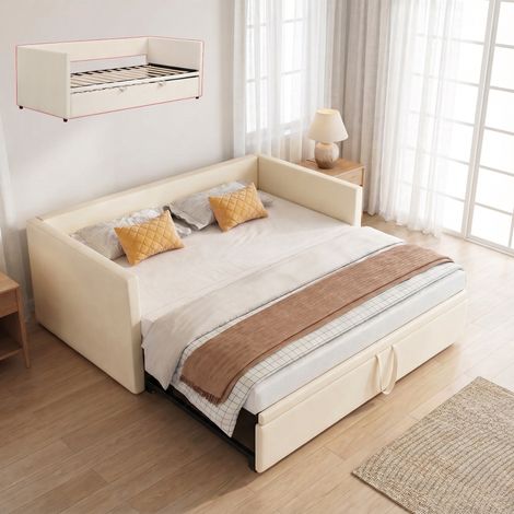 Lit gigogne 90x200/180x200 extensible, canapé lit 3 en 1, lit adulte, lit double capitonné avec sommier, gain de place, velours, style moderne, Beige