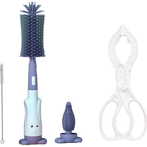 Brosse de Nettoyage pour Biberons en Silicone Alimentaire, Sans Odeur, Écologique avec Pince, Bleu (1/5)