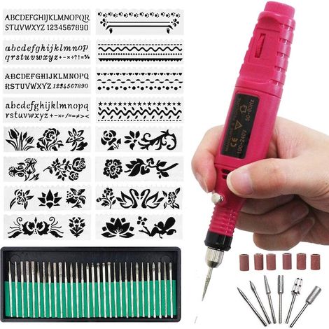Kit de gravure électrique multifonction avec 30 fraises et 16 pochoirs, outil graveur rouge pour bois, métal, verre (1/5)