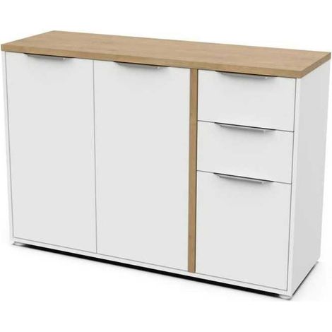 Enfilade ACCESS - 3 Türen + 2 Schubladen - Eiche Hamilton und Weiß - 121,5 x 39,6 x 85,6 cm - Demeyere (1/3)