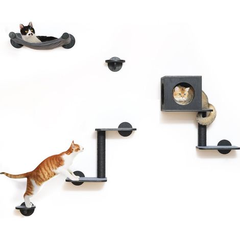 Étagères Murales pour Chat, Set de 5 Meubles Muraux, Grimpeur en Bois Stable avec Hamac, Maison, Marches et Poteau à Griffer, Noir (1/5)