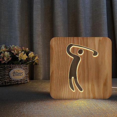 Veilleuse LED en bois 3D pour le golf, avec motif sculpté, idéale pour un bureau. (1/5)