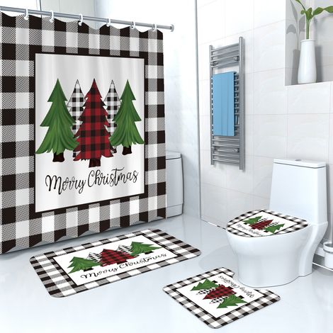 Filiyano-Ensemble de rideau de douche 4 pièces, motif à carreaux rouges style Noël vintage rétro. (1/5)