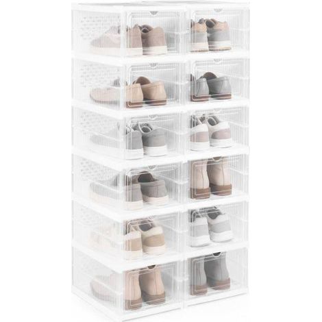 Lot de 2 meubles à chaussures 6 niveaux pliables avec portes transparentes à rabat et aérations, sans outils pour entrée et dressing (1/5)