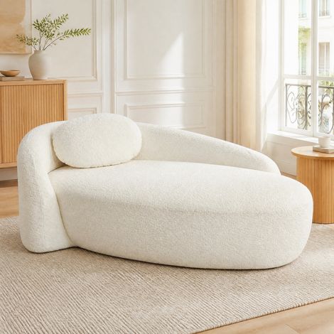 Canapé beige en tissu Teddy, design arrondi, format compact et moelleux avec coussin,170x96x62 cm (1/5)