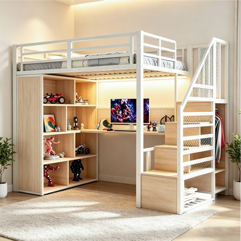 Metall-Hochbett, 90 x 200 cm, mit Kleiderschrank und Staufächern, Trittleiter, Schreibtisch mit Steckdosen nach europäischer Norm, Lochblech und LED-Lichtleiste, Großem Stauschrank,Einzelbett, Weiß (1/5)