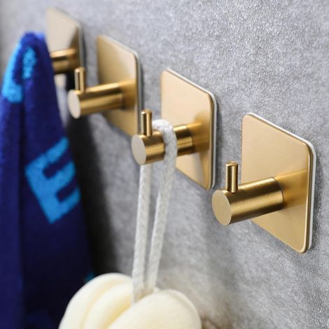 Ganchos adhesivos/ganchos para toallas, ganchos de pared de acero inoxidable, ganchos resistentes para colgar abrigos/vestidos/sombreros/bolsos, acero inoxidable SUS-304 chapado en oro (paquete de 4) (1/5)