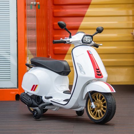 Elektromotorrad für Kinder ab 3 Jahren mit Vespa-Führerschein, USB-MP3-Player, LED-Licht, FM-Radio, Geschwindigkeit 3 km/h, Tragfähigkeit 35 kg, Weiß