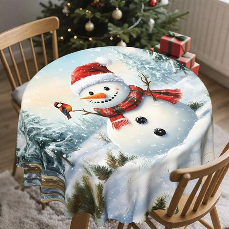 Nappe de table de Noël ronde 152 cm bonhomme de neige imperméable pour cuisine et salle à manger